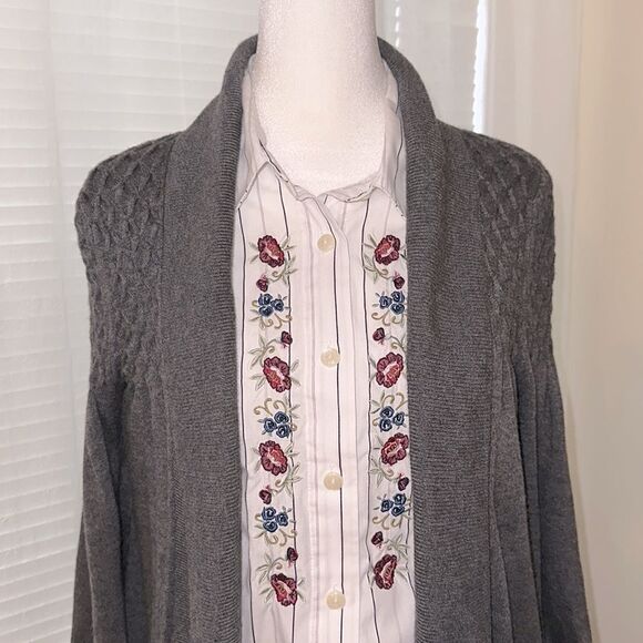 KENAR L Charcoal Gray Knit Open Front Shawl Collar Quarter Sleeve Cardigan - Picture 3 of 11